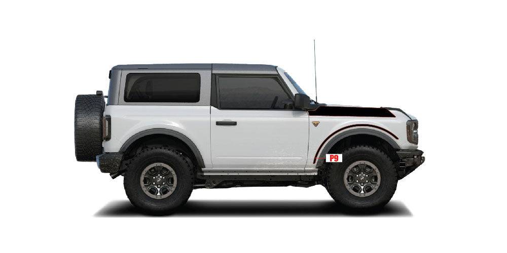 White Bronco 2D with labeled front wheel arch replacement part P9. Engineered for durability and off-road use.
