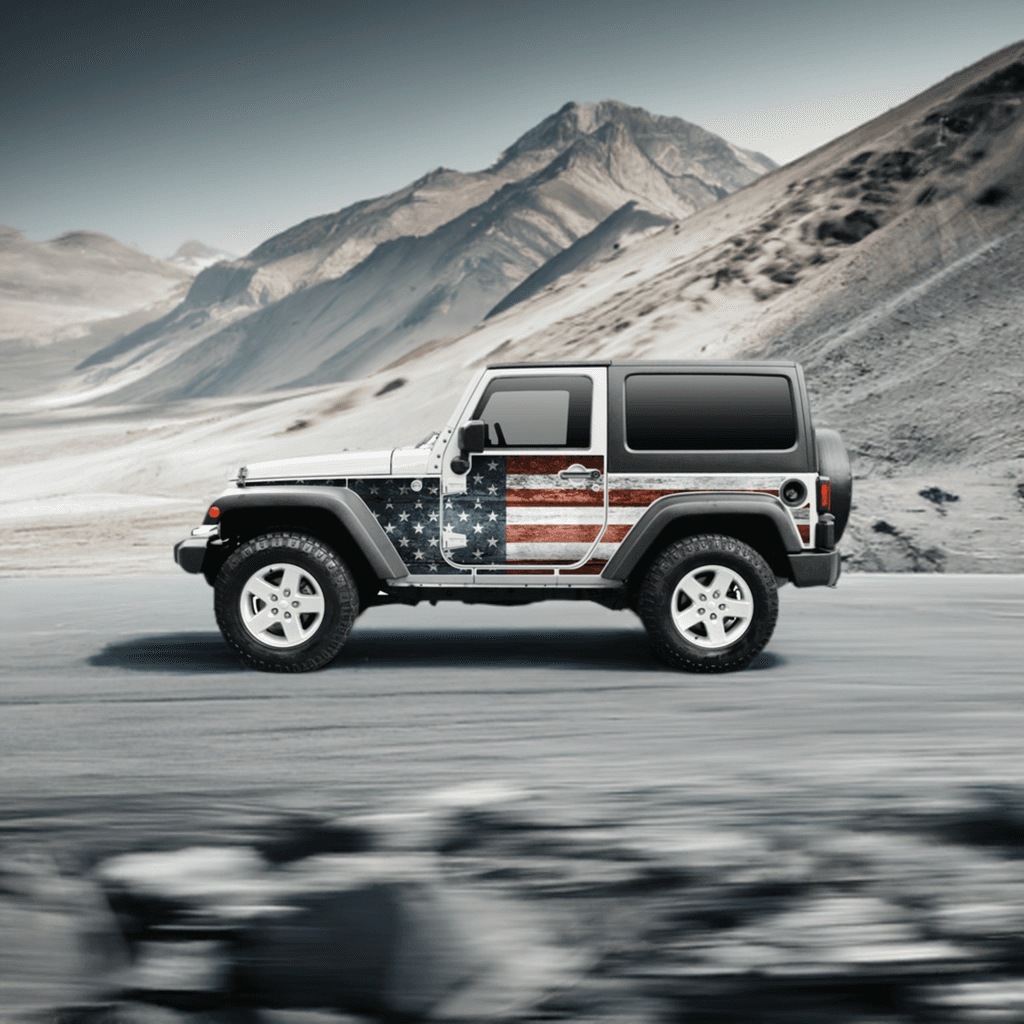 Silver Jeep Wrangler JK with MEK removable trail armor featuring an American flag design, driving on a rocky desert trail.