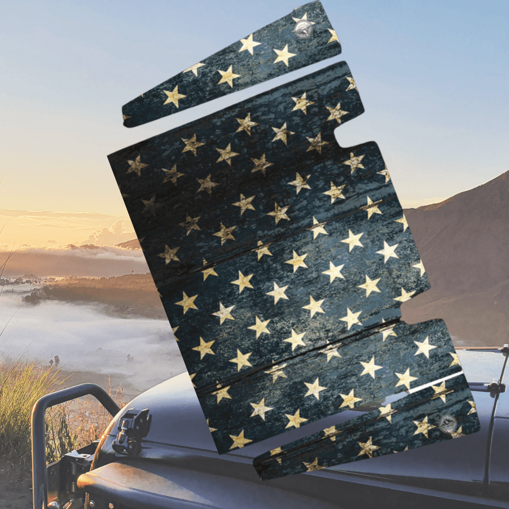 MEK Removable Trail Armor for Jeep Wrangler JK hood featuring a distressed star pattern with a rugged design, ideal for paint protection.