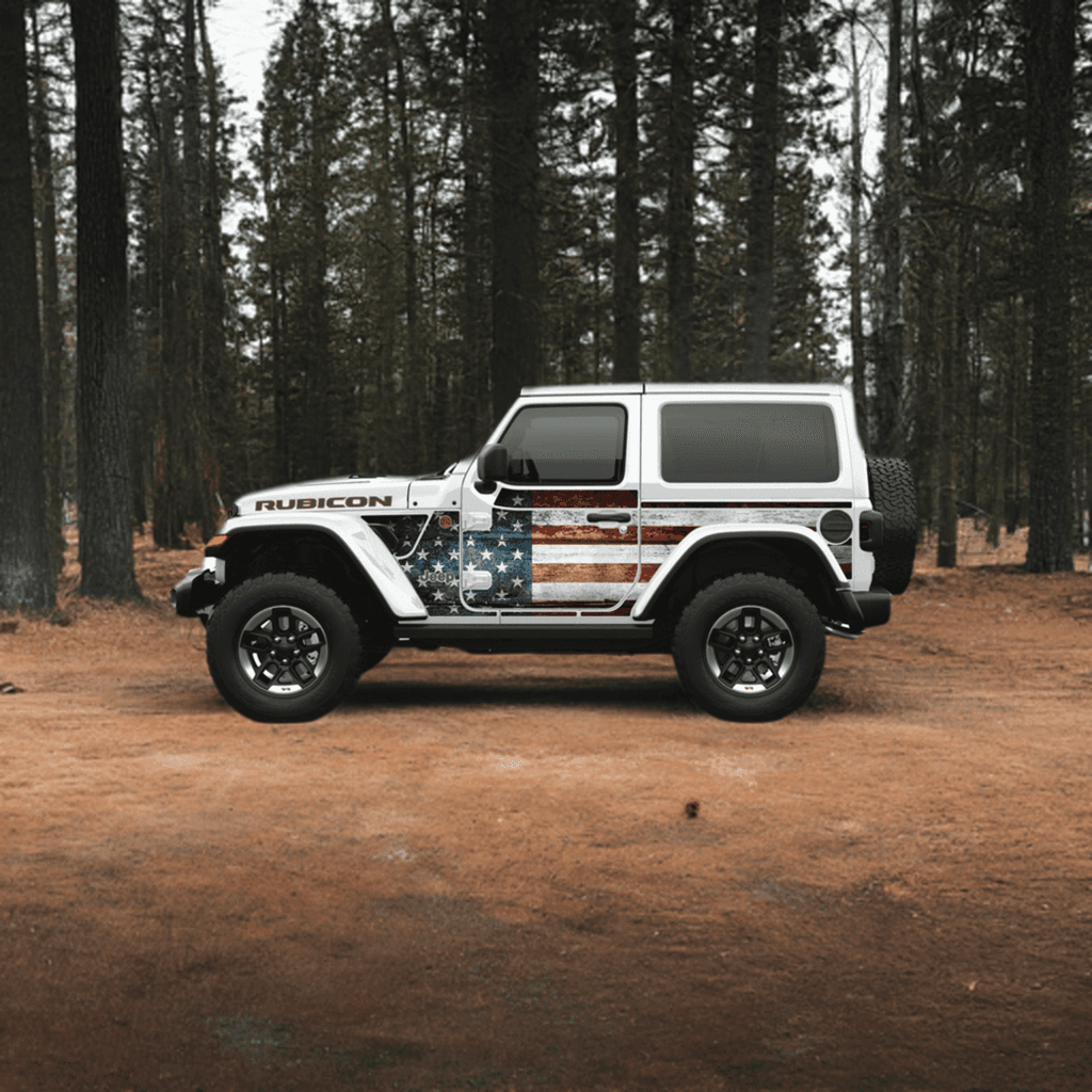 MEK Removable Trail Armor for Jeep Wrangler JL featuring American flag design, offering lightweight, nano-hold paint protection in a forest setting.