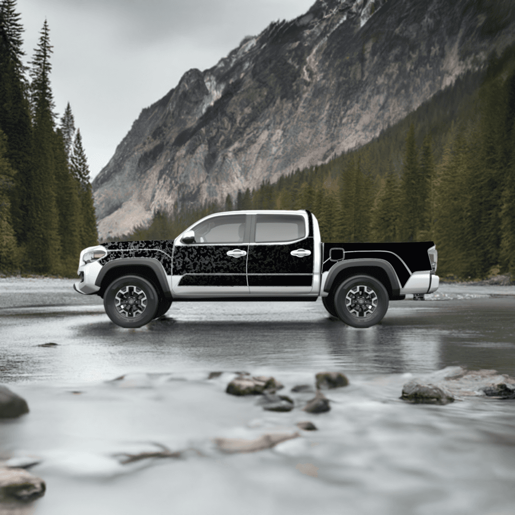 MEK Removable Trail Armor for Toyota Tacoma, designed for 2016-2023 Gen3 Tacoma Double Cab Short Bed, shown in a rugged mountain setting.