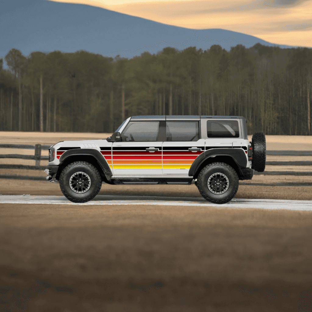 Ford Bronco 4D equipped with MEK removable trail armor in a retro sunset stripe design, parked in a countryside setting.