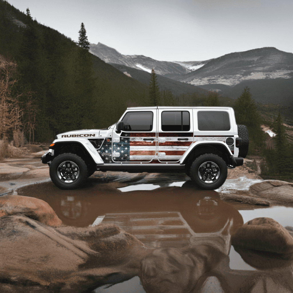 Jeep Wrangler JLU with MEK Removable Trail Armor featuring an American flag design, parked on rocky terrain with a scenic mountain backdrop.