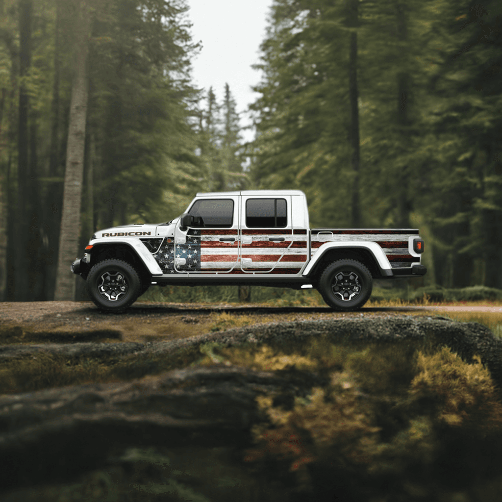 Jeep Gladiator JT with MEK removable trail armor featuring an American flag design, parked in a forest setting. Durable paint protection for off-road adventures.